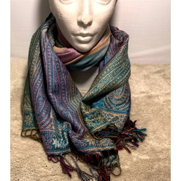 Pashmina Women Paisley Scarf Shawl Pastels Silk Pashmina Blend Fringed 70x28" - Picture 2 of 9